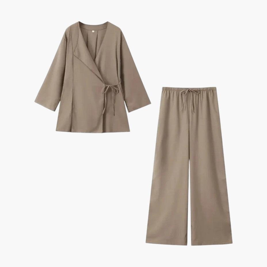 Elegant Kimono Top & High-Waist Trousers Set for Women - MayfairMode