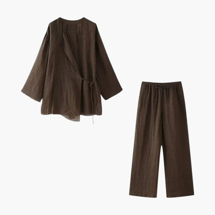 Elegant Kimono Top & High-Waist Trousers Set for Women - MayfairMode